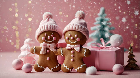 Homemade Christmas gingerbread cookies with icing. Delicious gingerbread cookies on a background of Christmas trees on a pink background. Freshly baked Christmas gingerbread.の素材