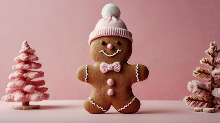 Homemade Christmas gingerbread cookies with icing. Delicious gingerbread cookies on a background of Christmas trees on a pink background. Freshly baked Christmas gingerbread.の素材
