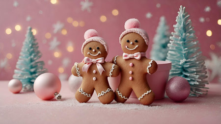 Homemade Christmas gingerbread cookies with icing. Delicious gingerbread cookies on a background of Christmas trees on a pink background. Freshly baked Christmas gingerbread.の素材