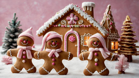 Homemade Christmas gingerbread cookies with icing. Delicious gingerbread on the background of Christmas trees and a gingerbread house on a pink background. Freshly baked Christmas gingerbread.の素材