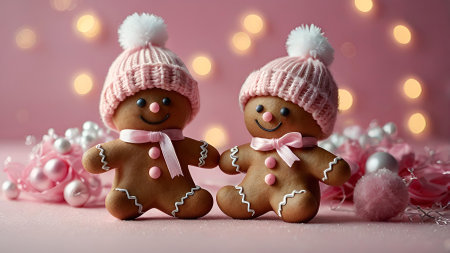 Homemade Christmas gingerbread cookies with icing. Delicious gingerbread cookies on a background of Christmas trees on a pink background. Freshly baked Christmas gingerbread.の素材