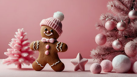 Homemade Christmas gingerbread cookies with icing. Delicious gingerbread cookies on a background of Christmas trees on a pink background. Freshly baked Christmas gingerbread.の素材