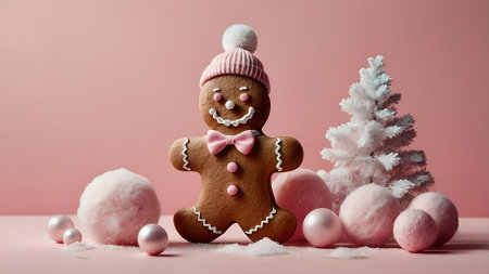 Homemade Christmas gingerbread with icing. Delicious gingerbread on the background of cotton candy trees on a pink background. Freshly baked Christmas gingerbread.の素材