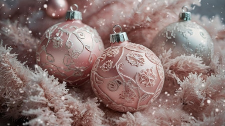 Beautiful Christmas pink balloons and fir branches on a light background. Snow is falling. Traditional Christmas and New Year decorations.の素材