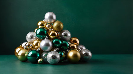 New Year, Christmas greeting card. A modern alternative Christmas tree made of silver, green, gold Christmas balls on a green background.の素材
