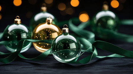 New Year, Christmas greeting card. Shiny Christmas tree balls made of transparent glass hang on green ribbons on a dark background.の素材