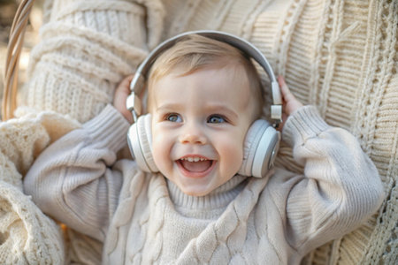 A cute, cheerful little boy is smiling and listening to music in big white headphones at home. Music for children's development.の素材
