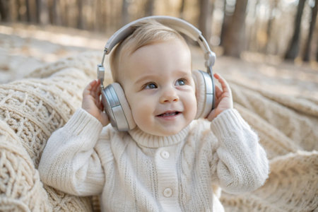 A cute, cheerful little boy is smiling and listening to music in big white headphones at home. Music for children's development.の素材
