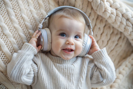A cute, cheerful little boy is smiling and listening to music in big white headphones at home. Music for children's development.の素材