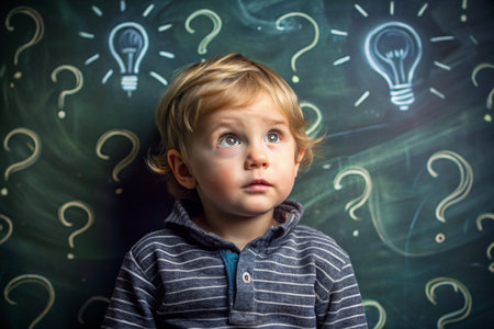 Development and education of children. A thoughtful boy on a dark background with a light bulb and question marks. Brainstorming and the concept of an idea.の素材