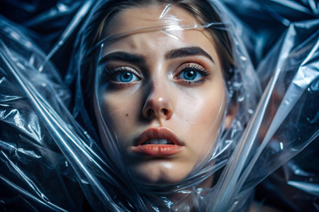 The girl is wrapped in cellophane or a bag. The girl is suffocating. Plastic pollution of the planet. Environmental hazard. Reducing the use of plastic. Recycling. The concept of garbage.の素材
