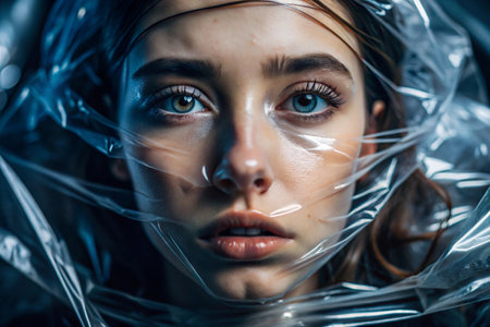 The girl is wrapped in cellophane or a bag. The girl is suffocating. Plastic pollution of the planet. Environmental hazard. Reducing the use of plastic. Recycling. The concept of garbage.の素材