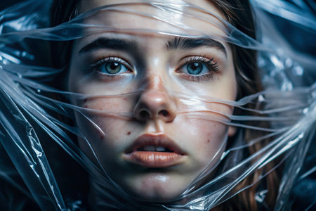 The girl is wrapped in cellophane or a bag. The girl is suffocating. Plastic pollution of the planet. Environmental hazard. Reducing the use of plastic. Recycling. The concept of garbage.の素材