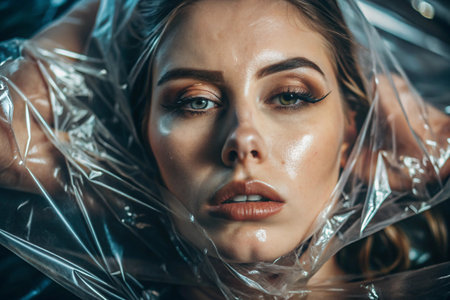 The girl is wrapped in cellophane or a bag. The girl is suffocating. Plastic pollution of the planet. Environmental hazard. Reducing the use of plastic. Recycling. The concept of garbage.の素材