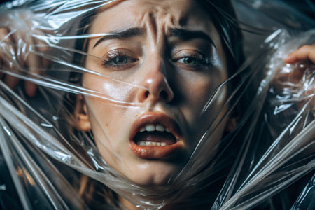 The girl is wrapped in cellophane or a bag. The girl is suffocating. Plastic pollution of the planet. Environmental hazard. Reducing the use of plastic. Recycling. The concept of garbage.の素材