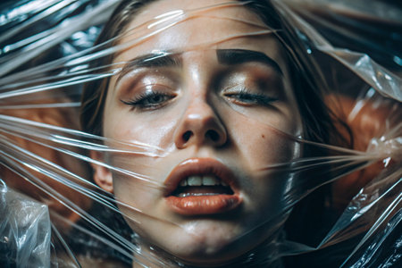 The girl is wrapped in cellophane or a bag. The girl is suffocating. Plastic pollution of the planet. Environmental hazard. Reducing the use of plastic. Recycling. The concept of garbage.の素材