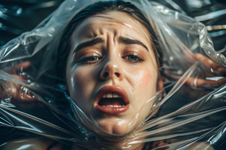 The girl is wrapped in cellophane or a bag. The girl is suffocating. Plastic pollution of the planet. Environmental hazard. Reducing the use of plastic. Recycling. The concept of garbage.の素材