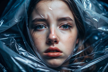The girl is wrapped in cellophane or a bag. The girl is suffocating. Plastic pollution of the planet. Environmental hazard. Reducing the use of plastic. Recycling. The concept of garbage.の素材