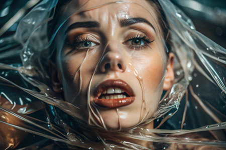 The girl is wrapped in cellophane or a bag. The girl is suffocating. Plastic pollution of the planet. Environmental hazard. Reducing the use of plastic. Recycling. The concept of garbage.の素材