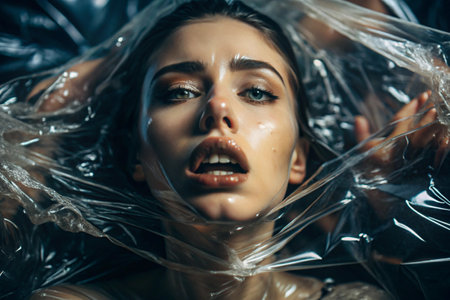The girl is wrapped in cellophane or a bag. The girl is suffocating. Plastic pollution of the planet. Environmental hazard. Reducing the use of plastic. Recycling. The concept of garbage.の素材