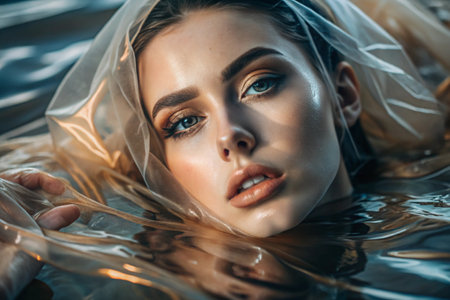 The girl is wrapped in cellophane or a bag. The girl is suffocating. Plastic pollution of the planet. Environmental hazard. Reducing the use of plastic. Recycling. The concept of garbage.の素材