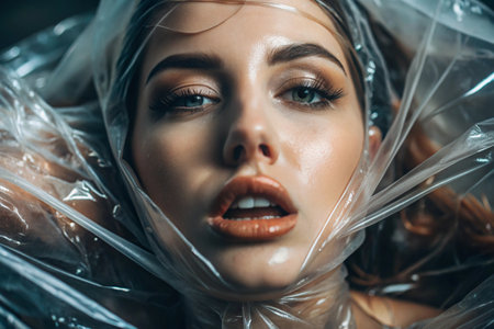The girl is wrapped in cellophane or a bag. The girl is suffocating. Plastic pollution of the planet. Environmental hazard. Reducing the use of plastic. Recycling. The concept of garbage.の素材