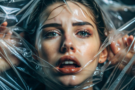 The girl is wrapped in cellophane or a bag. The girl is suffocating. Plastic pollution of the planet. Environmental hazard. Reducing the use of plastic. Recycling. The concept of garbage.の素材