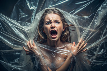 The girl is wrapped in cellophane or a bag. The girl is suffocating. Plastic pollution of the planet. Environmental hazard. Reducing the use of plastic. Recycling. The concept of garbage.の素材