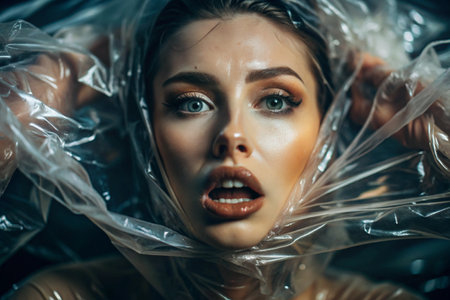 The girl is wrapped in cellophane or a bag. The girl is suffocating. Plastic pollution of the planet. Environmental hazard. Reducing the use of plastic. Recycling. The concept of garbage.の素材