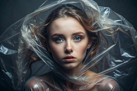 The girl is wrapped in cellophane or a bag. The girl is suffocating. Plastic pollution of the planet. Environmental hazard. Reducing the use of plastic. Recycling. The concept of garbage.の素材