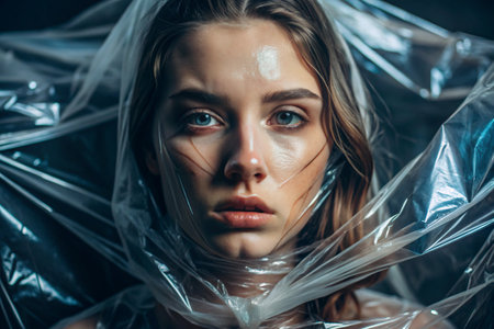 The girl is wrapped in cellophane or a bag. The girl is suffocating. Plastic pollution of the planet. Environmental hazard. Reducing the use of plastic. Recycling. The concept of garbage.の素材
