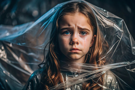 The girl is wrapped in cellophane or a bag. The girl is suffocating. Plastic pollution of the planet. Environmental hazard. Reducing the use of plastic. Recycling. The concept of garbage.の素材