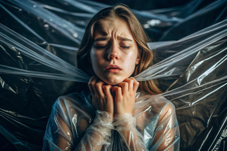 The girl is wrapped in cellophane or a bag. The girl is suffocating. Plastic pollution of the planet. Environmental hazard. Reducing the use of plastic. Recycling. The concept of garbage.の素材