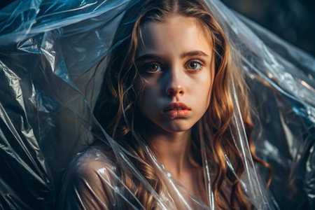 The girl is wrapped in cellophane or a bag. The girl is suffocating. Plastic pollution of the planet. Environmental hazard. Reducing the use of plastic. Recycling. The concept of garbage.の素材