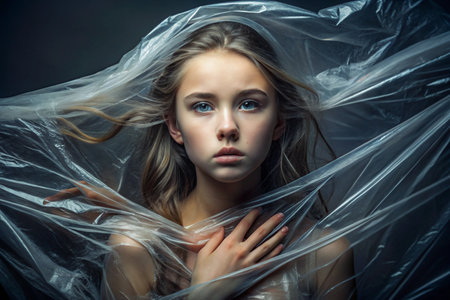 The girl is wrapped in cellophane or a bag. The girl is suffocating. Plastic pollution of the planet. Environmental hazard. Reducing the use of plastic. Recycling. The concept of garbage.の素材
