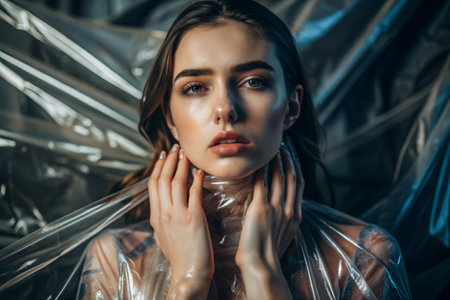 The girl is wrapped in cellophane or a bag. The girl is suffocating. Plastic pollution of the planet. Environmental hazard. Reducing the use of plastic. Recycling. The concept of garbage.の素材