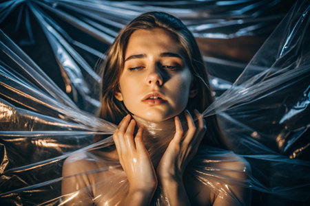 The girl is wrapped in cellophane or a bag. The girl is suffocating. Plastic pollution of the planet. Environmental hazard. Reducing the use of plastic. Recycling. The concept of garbage.の素材