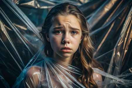 The girl is wrapped in cellophane or a bag. The girl is suffocating. Plastic pollution of the planet. Environmental hazard. Reducing the use of plastic. Recycling. The concept of garbage.の素材