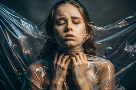 The girl is wrapped in cellophane or a bag. The girl is suffocating. Plastic pollution of the planet. Environmental hazard. Reducing the use of plastic. Recycling. The concept of garbage.の素材