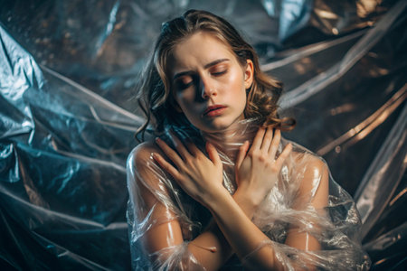 The girl is wrapped in cellophane or a bag. The girl is suffocating. Plastic pollution of the planet. Environmental hazard. Reducing the use of plastic. Recycling. The concept of garbage.の素材