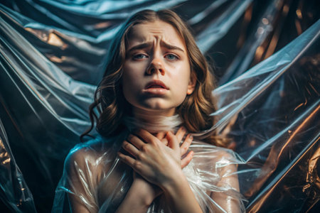 The girl is wrapped in cellophane or a bag. The girl is suffocating. Plastic pollution of the planet. Environmental hazard. Reducing the use of plastic. Recycling. The concept of garbage.の素材