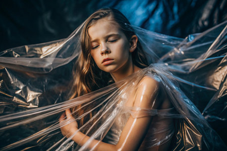 The girl is wrapped in cellophane or a bag. The girl is suffocating. Plastic pollution of the planet. Environmental hazard. Reducing the use of plastic. Recycling. The concept of garbage.の素材