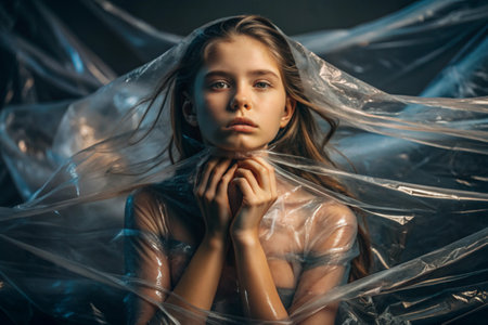The girl is wrapped in cellophane or a bag. The girl is suffocating. Plastic pollution of the planet. Environmental hazard. Reducing the use of plastic. Recycling. The concept of garbage.の素材