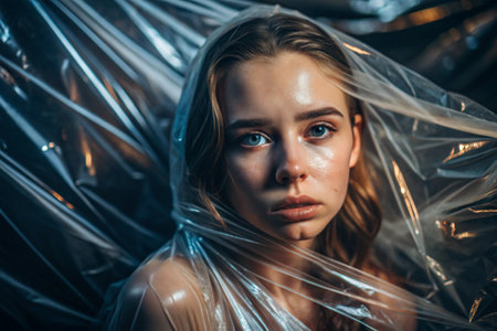 The girl is wrapped in cellophane or a bag. The girl is suffocating. Plastic pollution of the planet. Environmental hazard. Reducing the use of plastic. Recycling. The concept of garbage.の素材