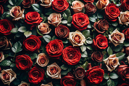 Background with a floral pattern of natural fresh red roses. view from above. A festive banner.の素材