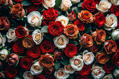 Background with a floral pattern of natural fresh red roses. view from above. A festive banner.の素材