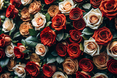 Background with a floral pattern of natural fresh red roses. view from above. A festive banner.の素材