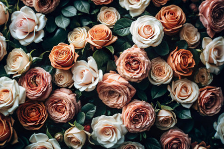 Background with a floral pattern of natural fresh peach roses. view from above. A festive banner.の素材