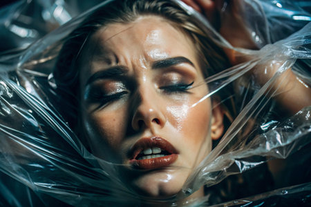 The girl is wrapped in cellophane or a bag. The girl is suffocating. Plastic pollution of the planet. Environmental hazard. Reducing the use of plastic. Recycling. The concept of garbage.の素材