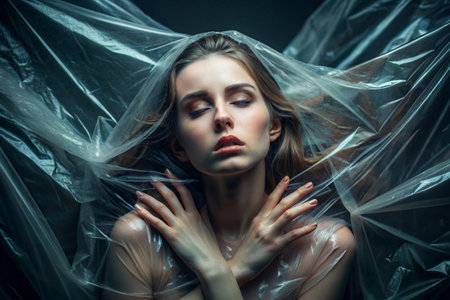 The girl is wrapped in cellophane or a bag. The girl is suffocating. Plastic pollution of the planet. Environmental hazard. Reducing the use of plastic. Recycling. The concept of garbage.の素材